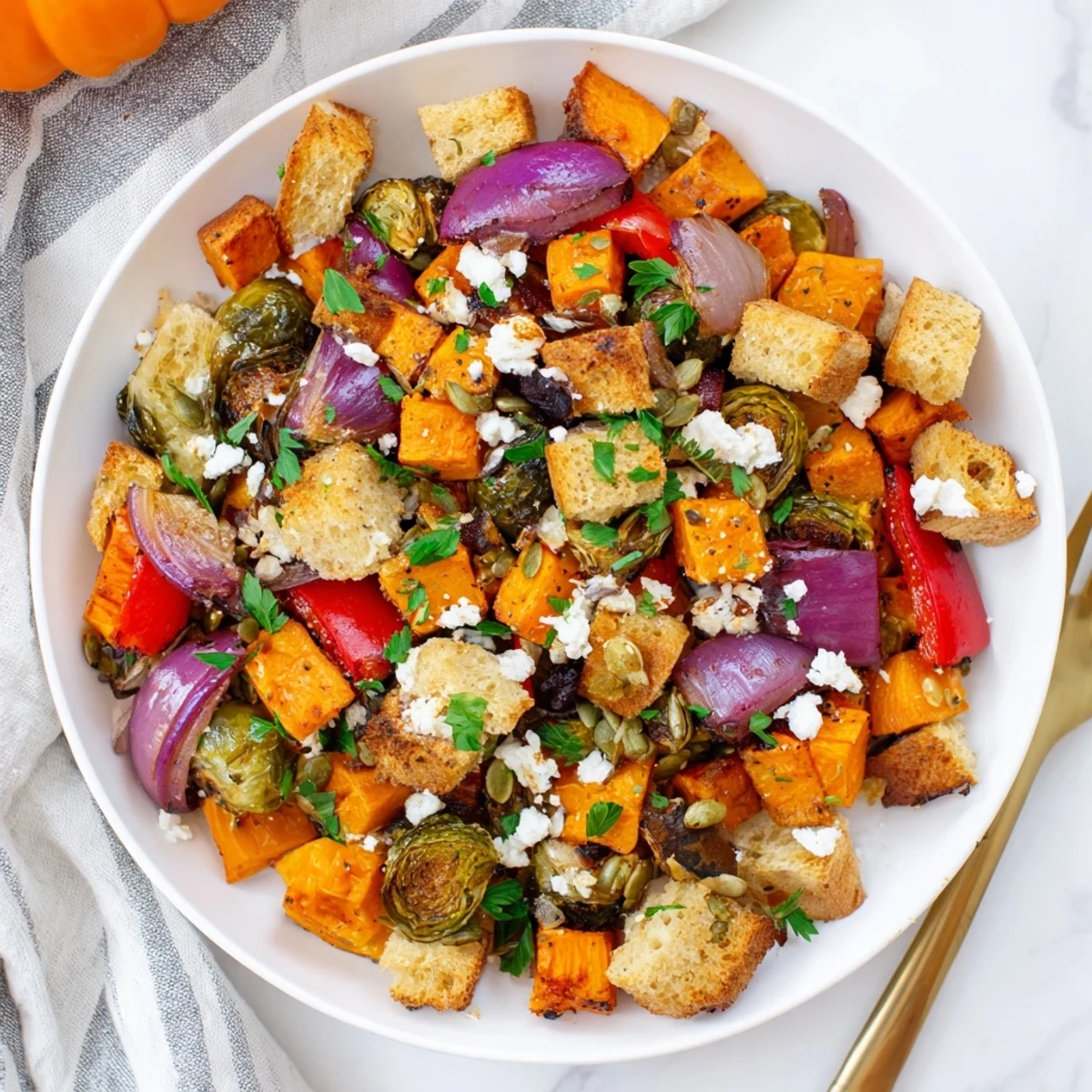 Hearty roasted vegetable panzanella salad featuring sweet potato squash and toasted sourdough bread chunks