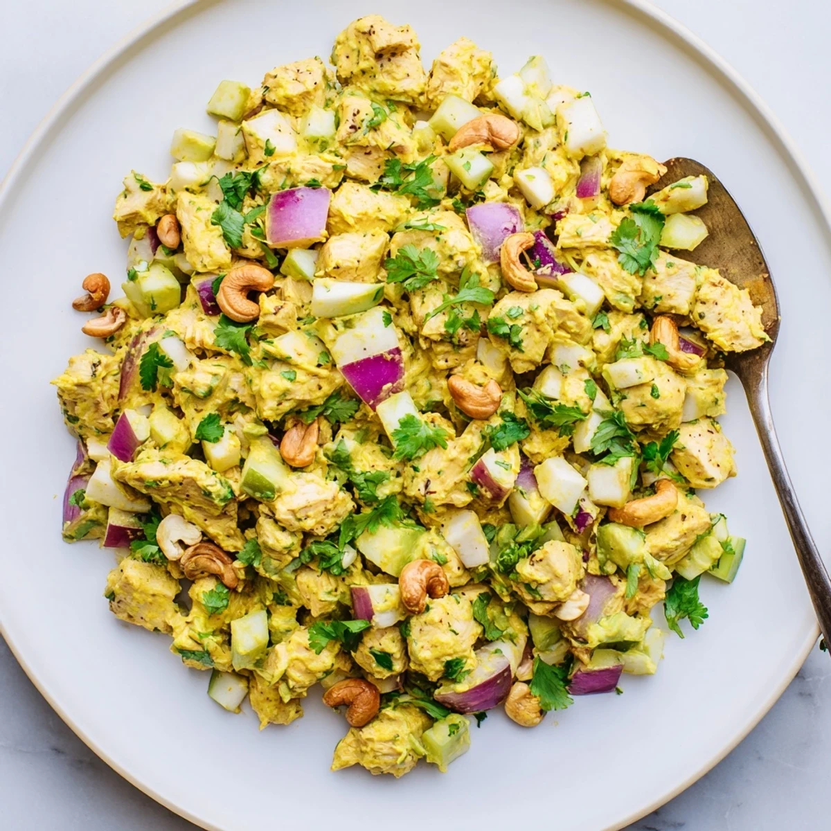 Vibrant curry chicken salad featuring spiced mayonnaise dressing, sweet fruit, crunchy vegetables, and fresh herbs ready for sandwiches