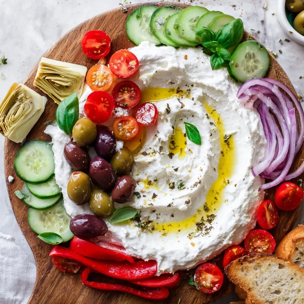 Creamy Mediterranean ricotta board with fresh tomatoes, olives, roasted peppers, and herbs on a wooden platter