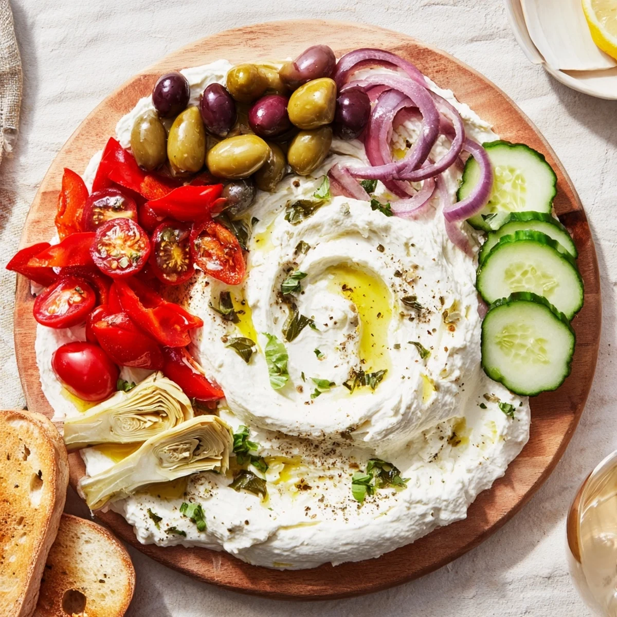 Sharing platter of whipped ricotta topped with lemon zest, basil, and colorful Mediterranean vegetables for entertaining