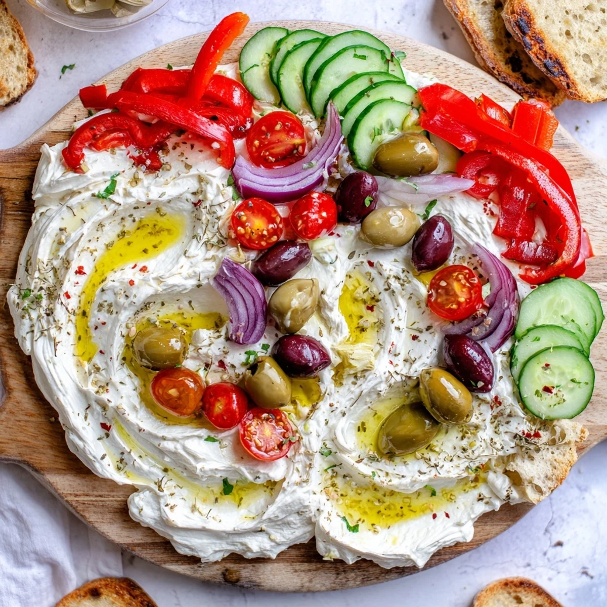 Vibrant appetizer spread featuring ricotta cheese, artichoke hearts, cucumber, and red onion served with toasted baguette
