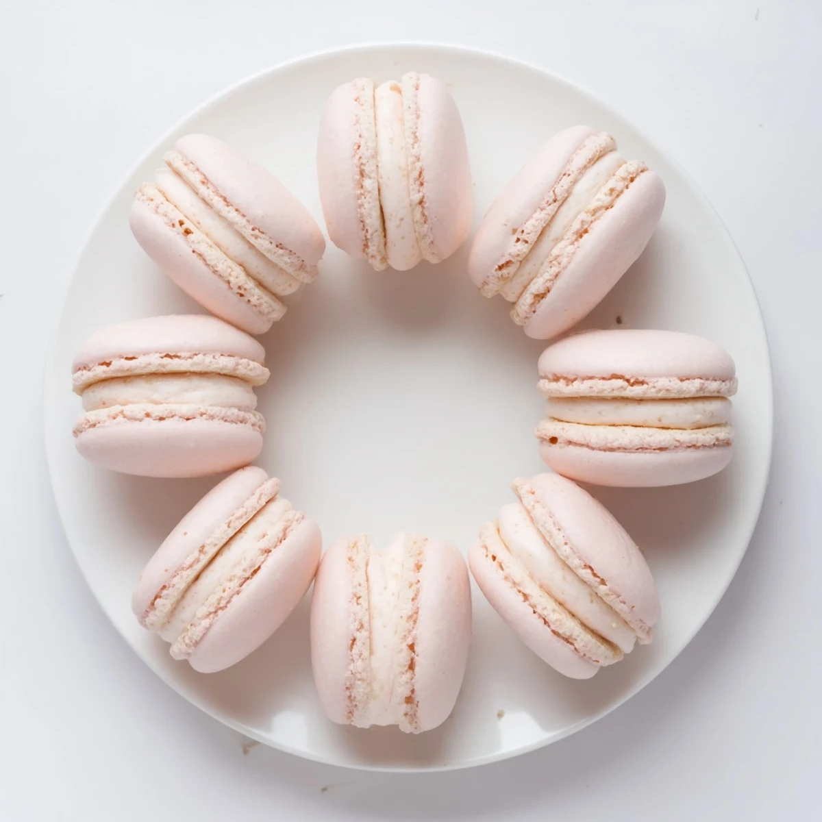 Colorful French macarons with smooth domed shells and delicate ruffled feet sandwiching creamy vanilla buttercream filling