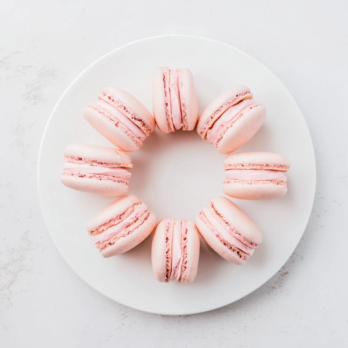 French macarons arranged on a white plate, showcasing crisp almond shells with chewy centers and luscious buttercream