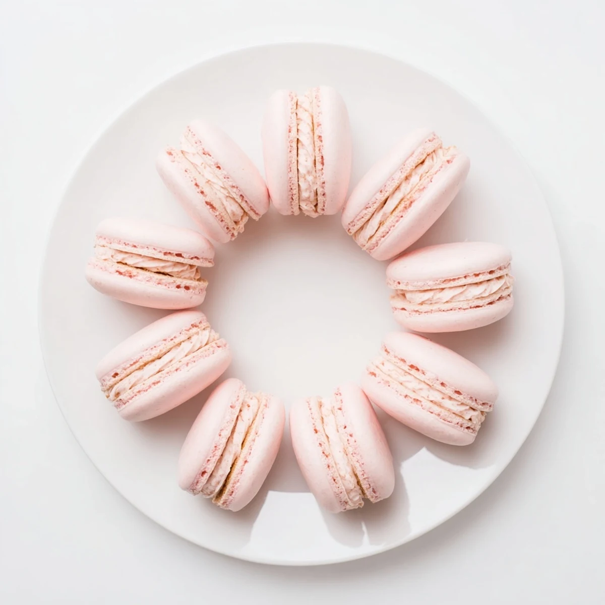 Golden brown French macarons piped in pastel shades on a baking sheet with parchment paper