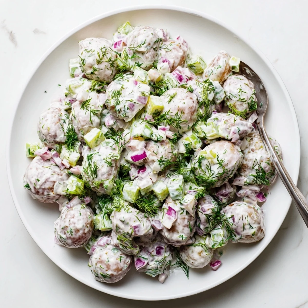 Golden baby potato salad dressed in Greek yogurt sauce with fresh parsley and dill garnish