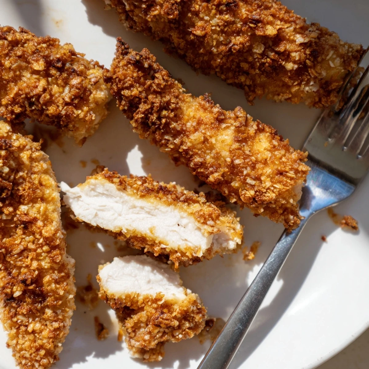 Golden brown chicken tenders arranged on a white plate with honey mustard dipping sauce