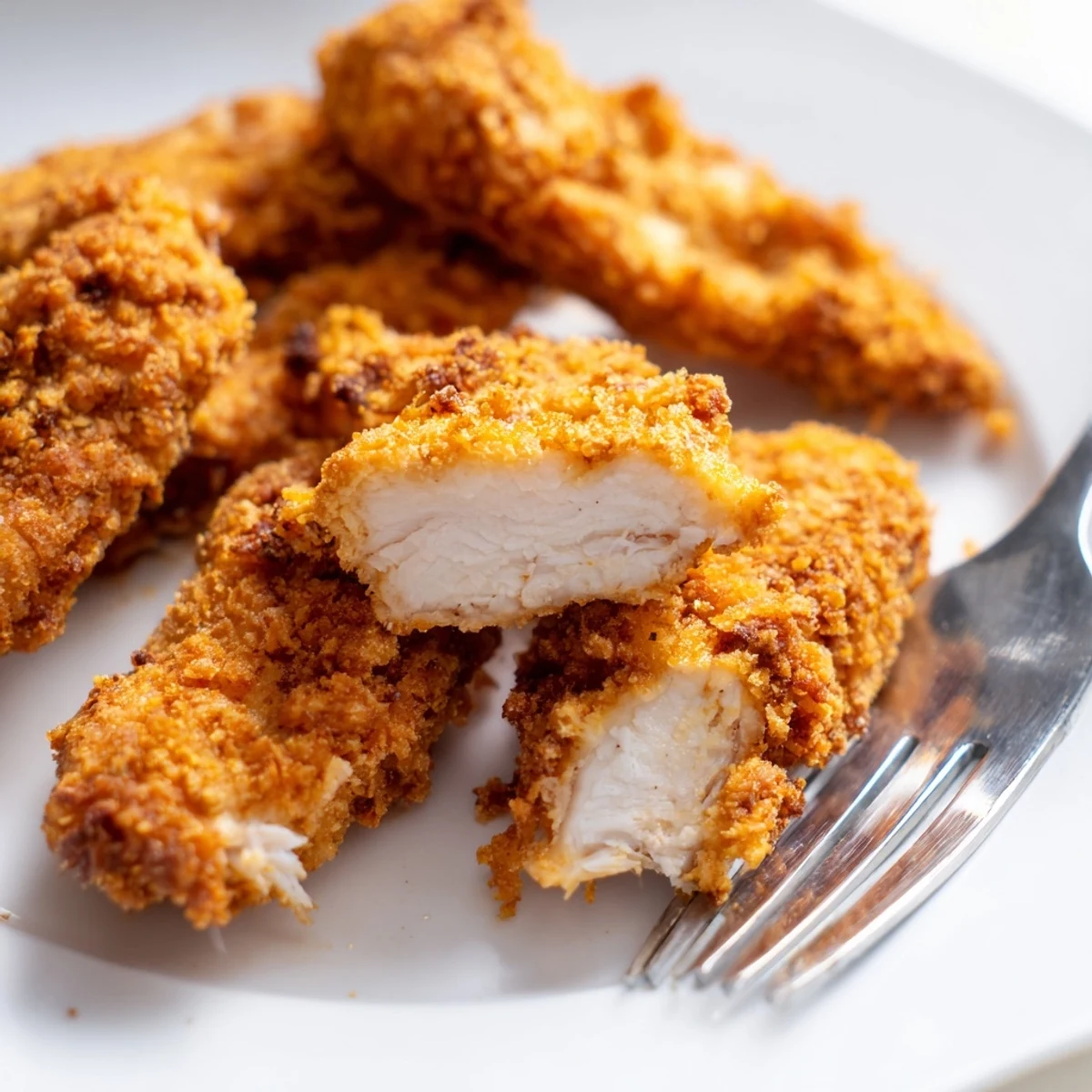 Crispy fried chicken strips with a crunchy breadcrumb coating served on a wooden board