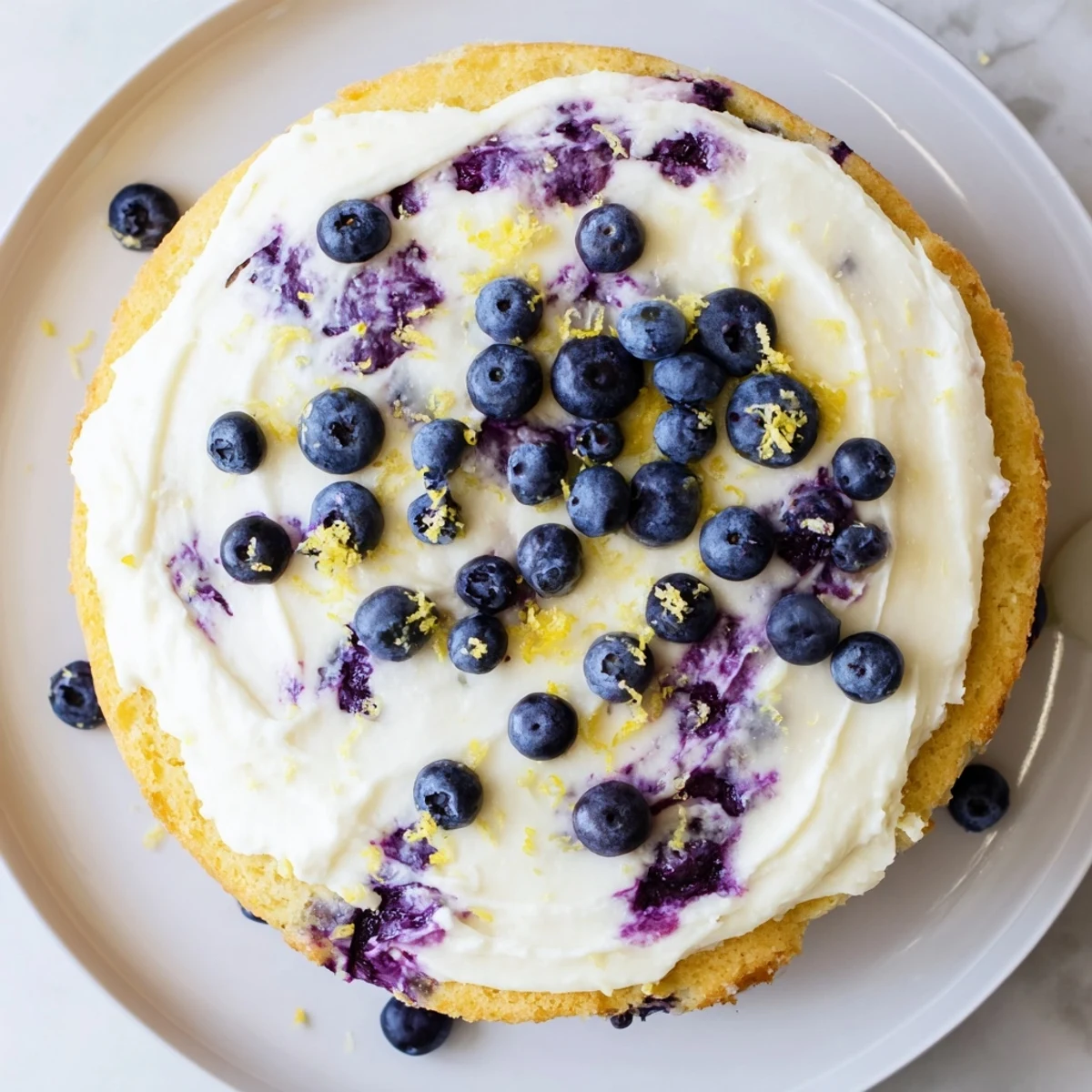 Golden slice of lemon blueberry cake with tangy cream cheese frosting and fresh blueberry garnish