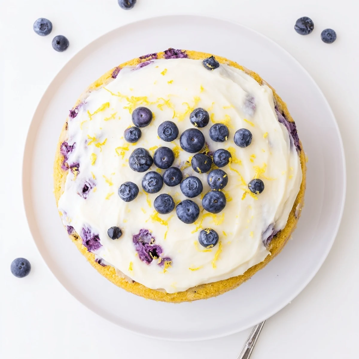 Moist lemon blueberry cake slice revealing purple-blue berries inside beneath swirls of zesty cream cheese frosting