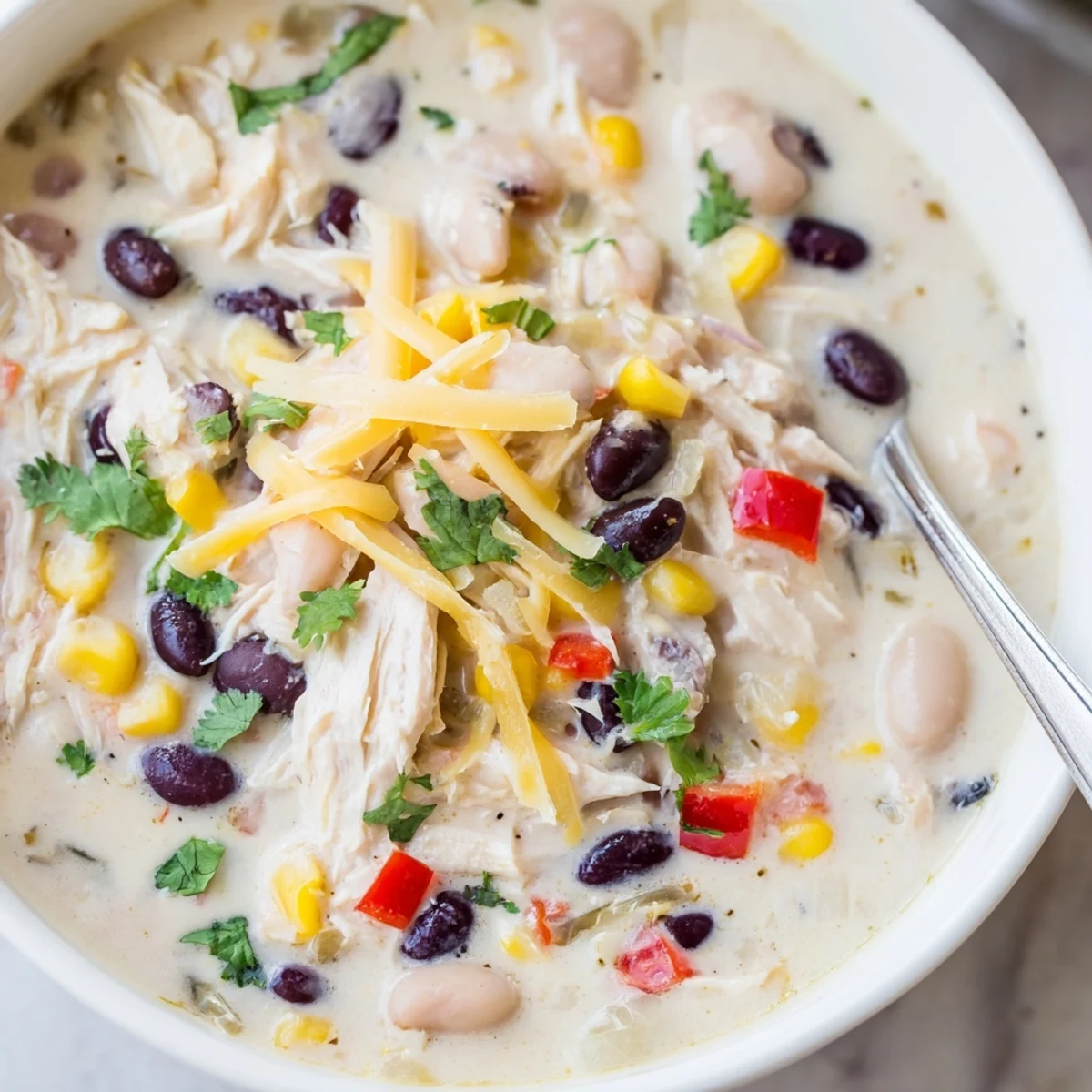 Hearty white chicken chili simmering with tender shredded chicken, white beans, corn, and red bell pepper pieces