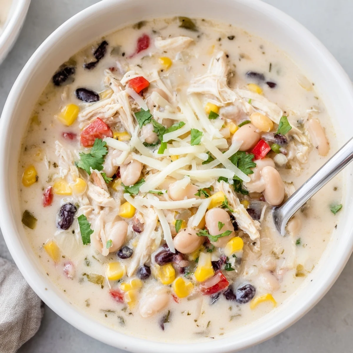 Garnished thick white chicken chili with sour cream, green onions, and lime wedges served in a rustic bowl