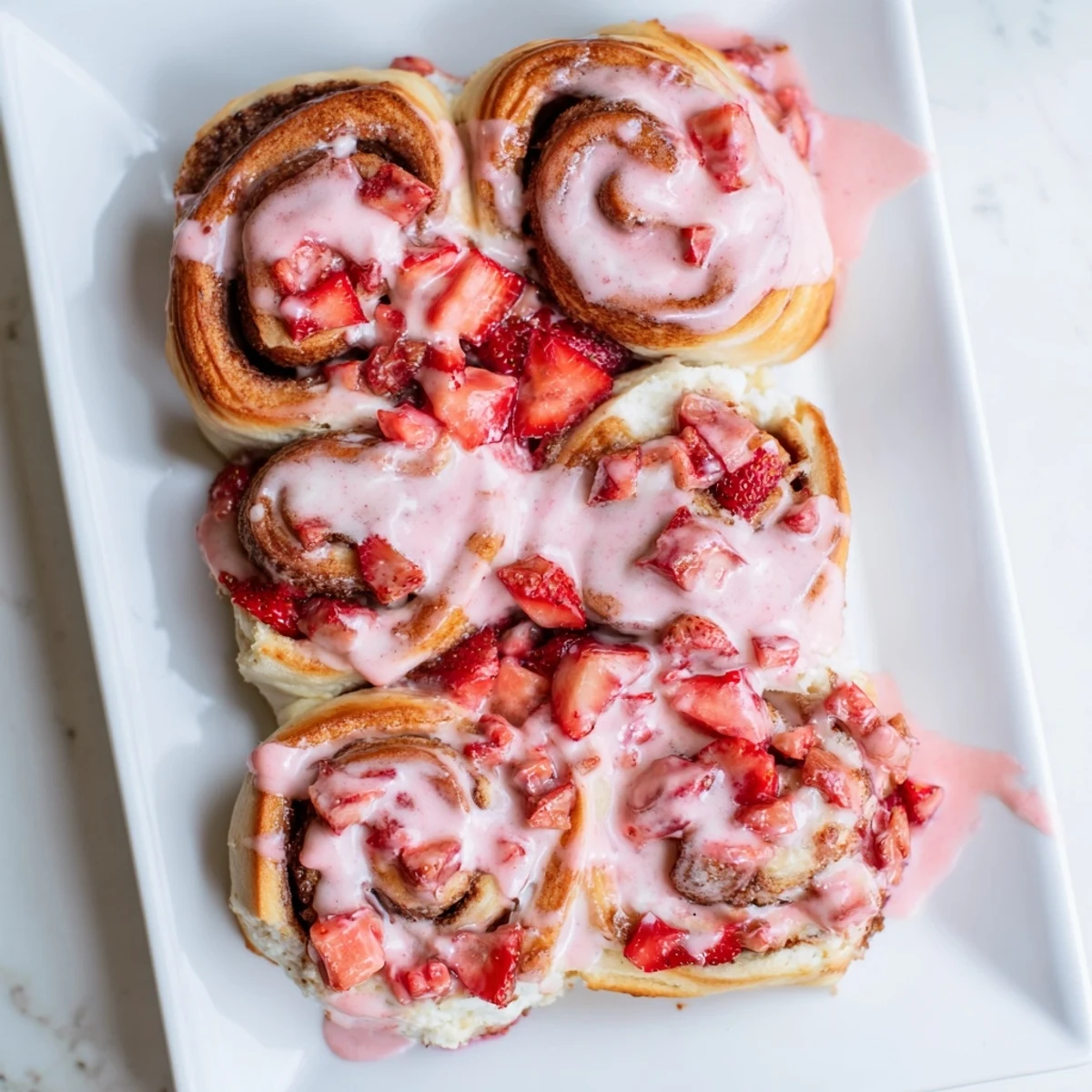 Golden strawberry cheesecake Cinnabon rolls drizzled with pink strawberry glaze on a white plate