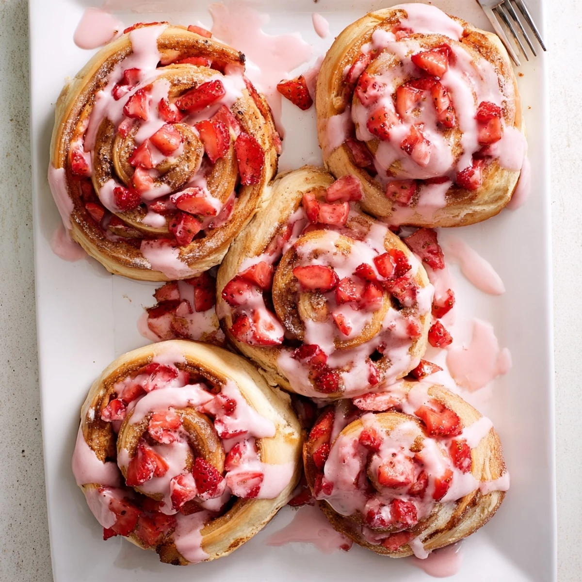 Warm strawberry cheesecake Cinnabon rolls topped with sweet glaze and fresh strawberry pieces