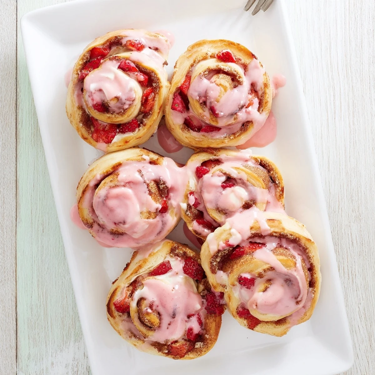 Fluffy cinnamon rolls stuffed with creamy cheesecake filling and fresh baked strawberry swirls