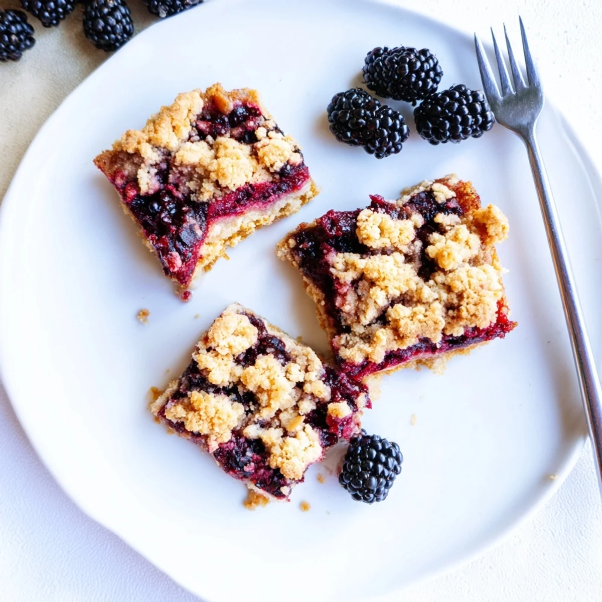 Homemade blackberry crumble bars featuring tender crust, juicy berry layer, and caramelized crumb topping freshly baked