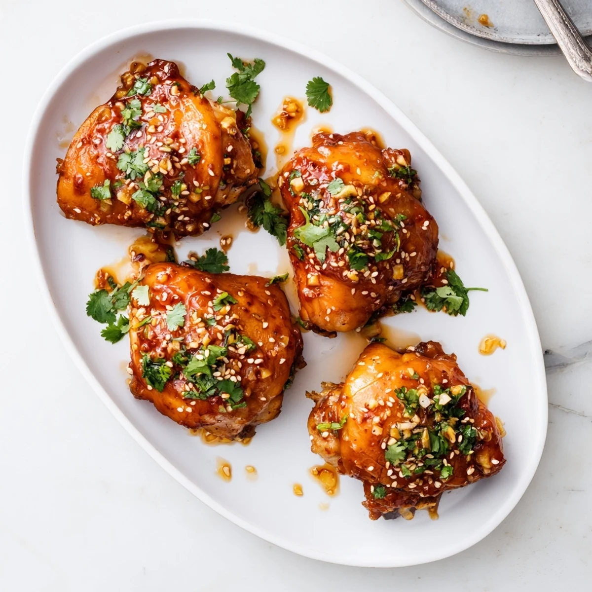 Crispy sweet chili air fryer chicken thighs brushed with thickened red glaze and sprinkled with toasted sesame seeds