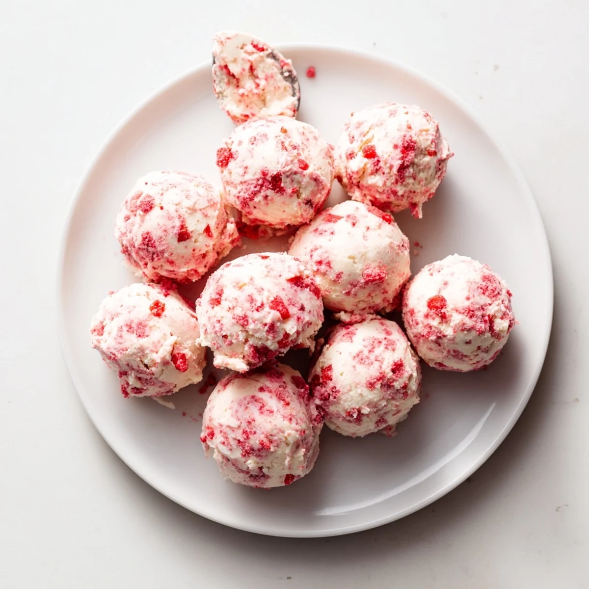 Creamy keto strawberry cheesecake fat bombs topped with crushed freeze-dried strawberries on a white plate.