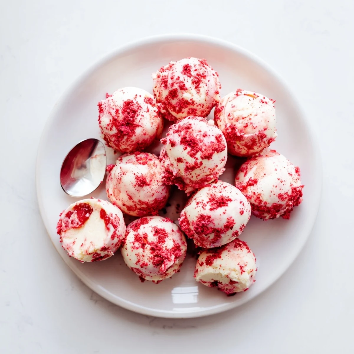 Rich cream cheese and butter keto fat bombs with chopped strawberries arranged on parchment paper.