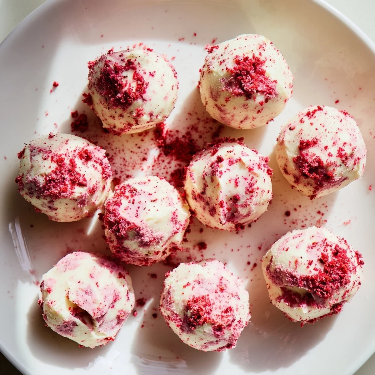 Bite-sized ketogenic cheesecake fat bombs featuring fresh strawberry chunks rolled in pink strawberry coating.