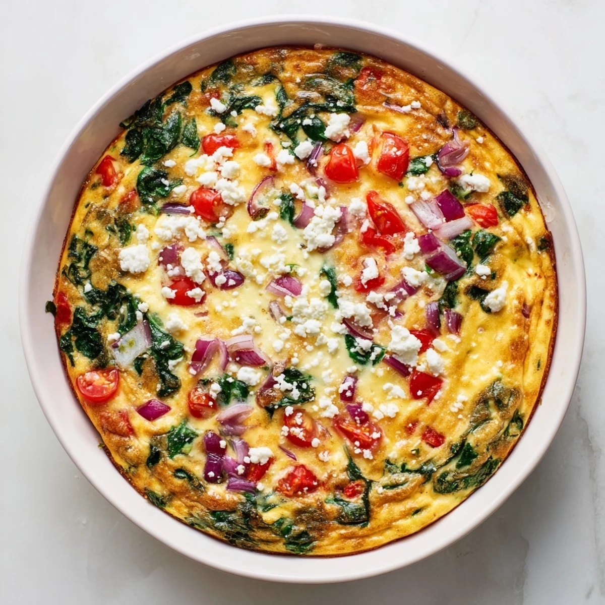 Golden healthy crustless quiche with colorful vegetables and melted cheese on a white plate