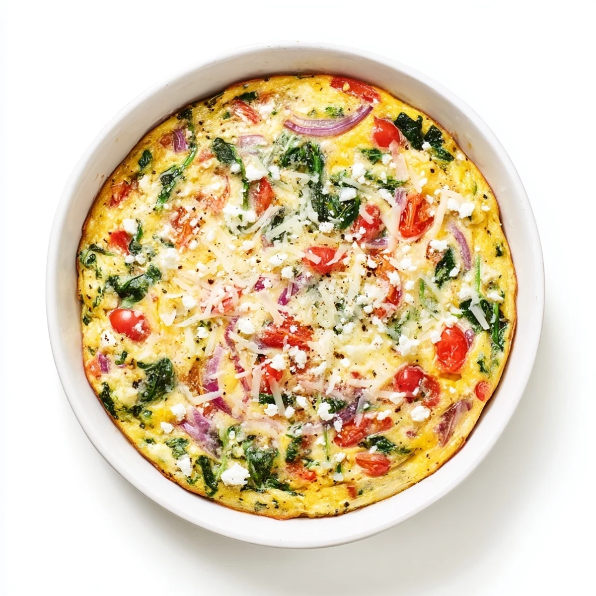 Sliced low carb crustless quiche loaded with spinach tomatoes and feta for breakfast