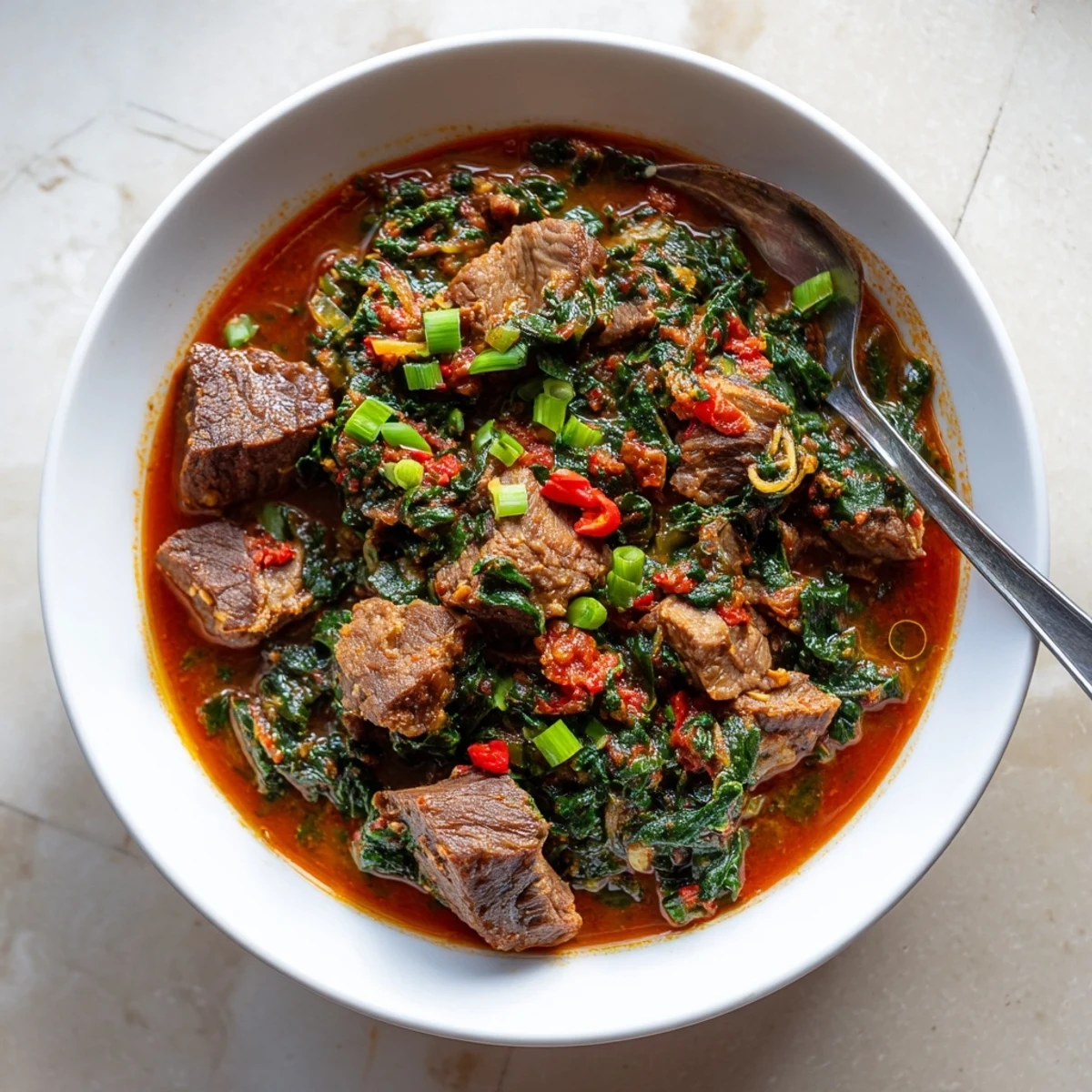 Rich Nigerian Spinach Stew featuring tender beef chunks in vibrant red tomato pepper sauce