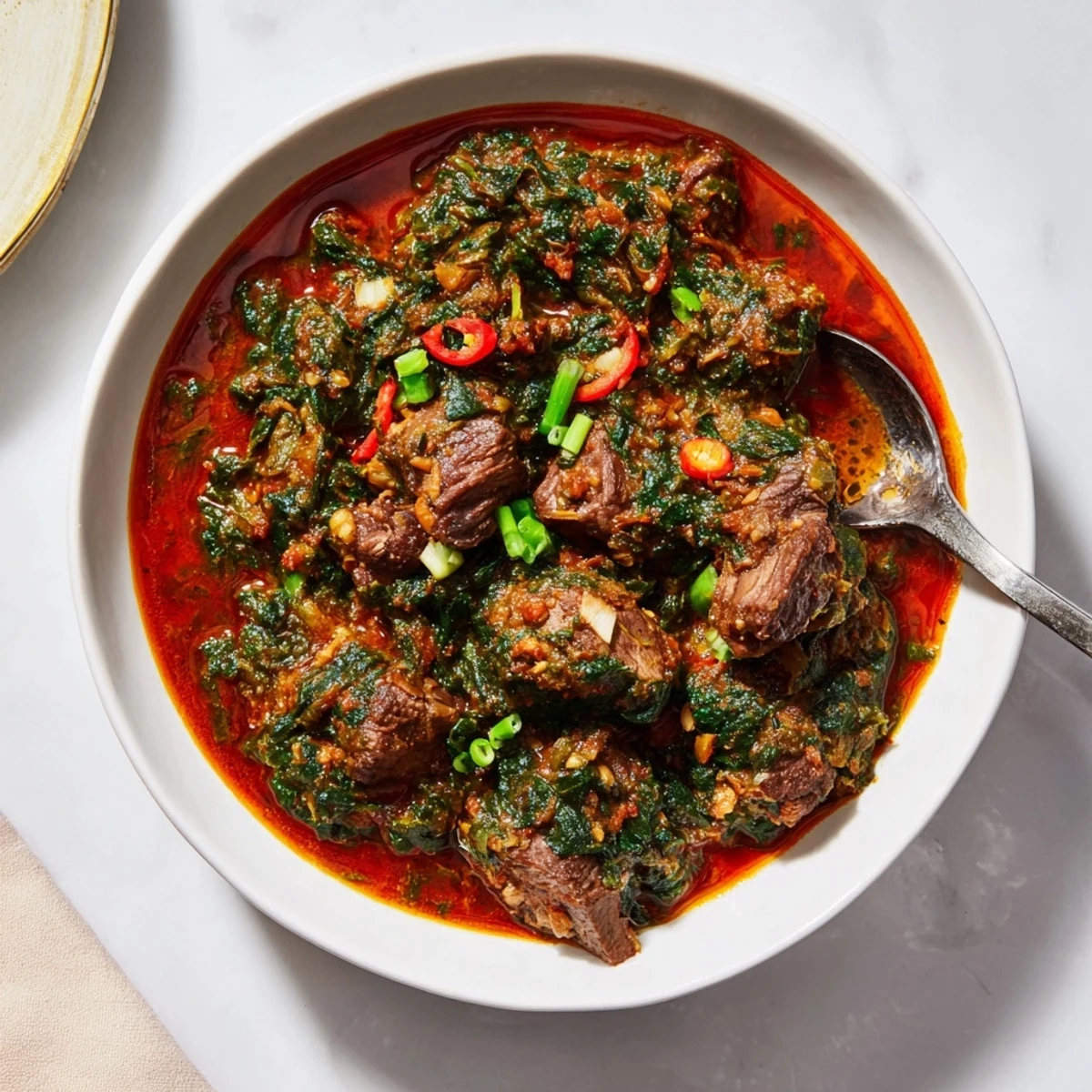 Golden bowl of Savory Efo Riro Nigerian Spinach Stew with beef served over white rice