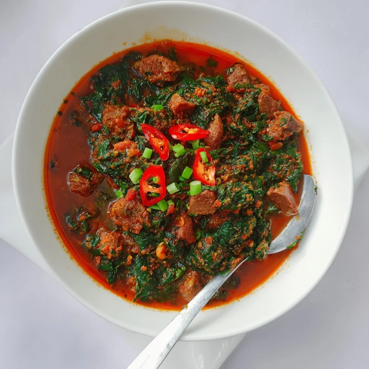 Savory Efo Riro with wilted spinach and beef simmered in aromatic palm oil base