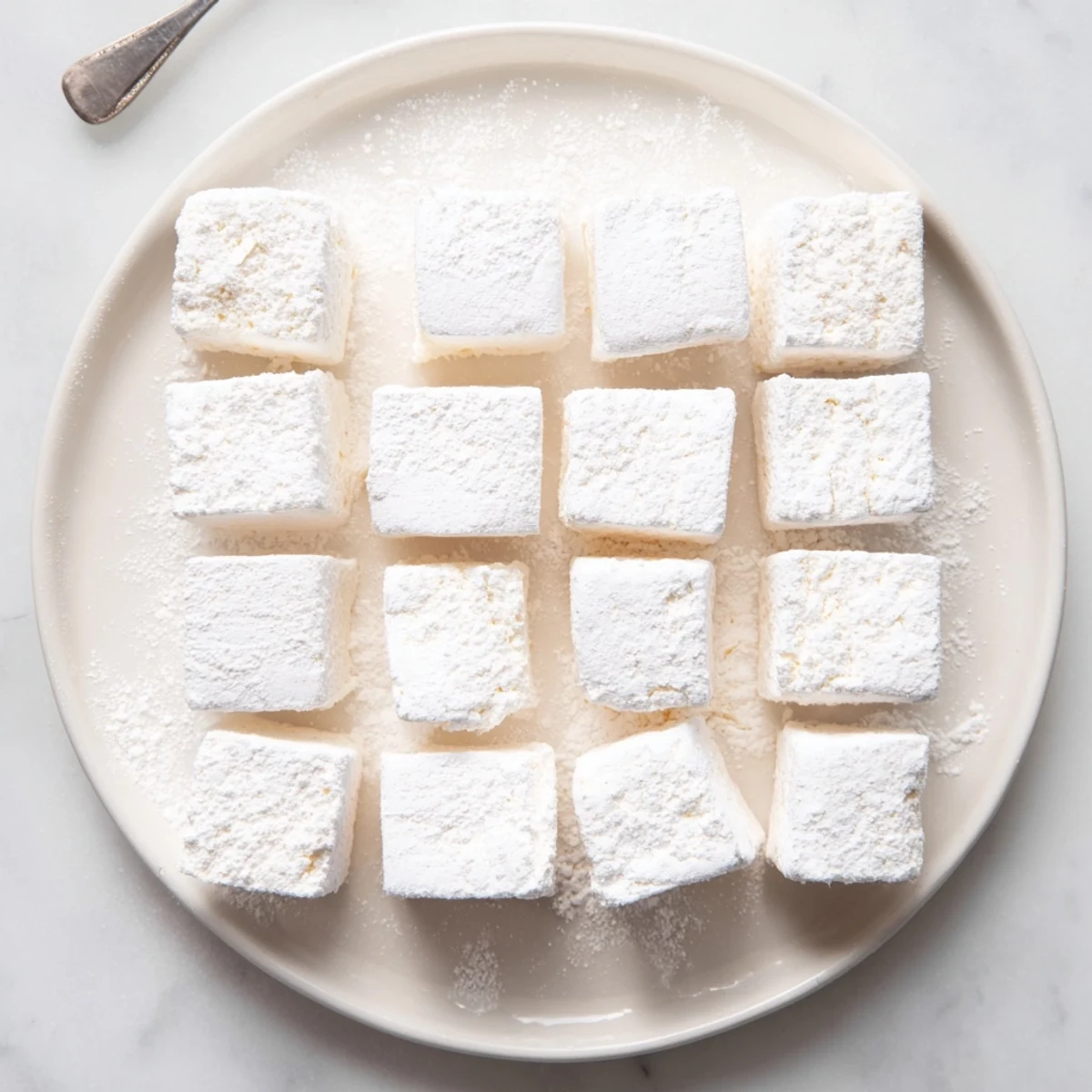 Glossy white homemade marshmallows cut into squares on a wooden cutting board ready for serving