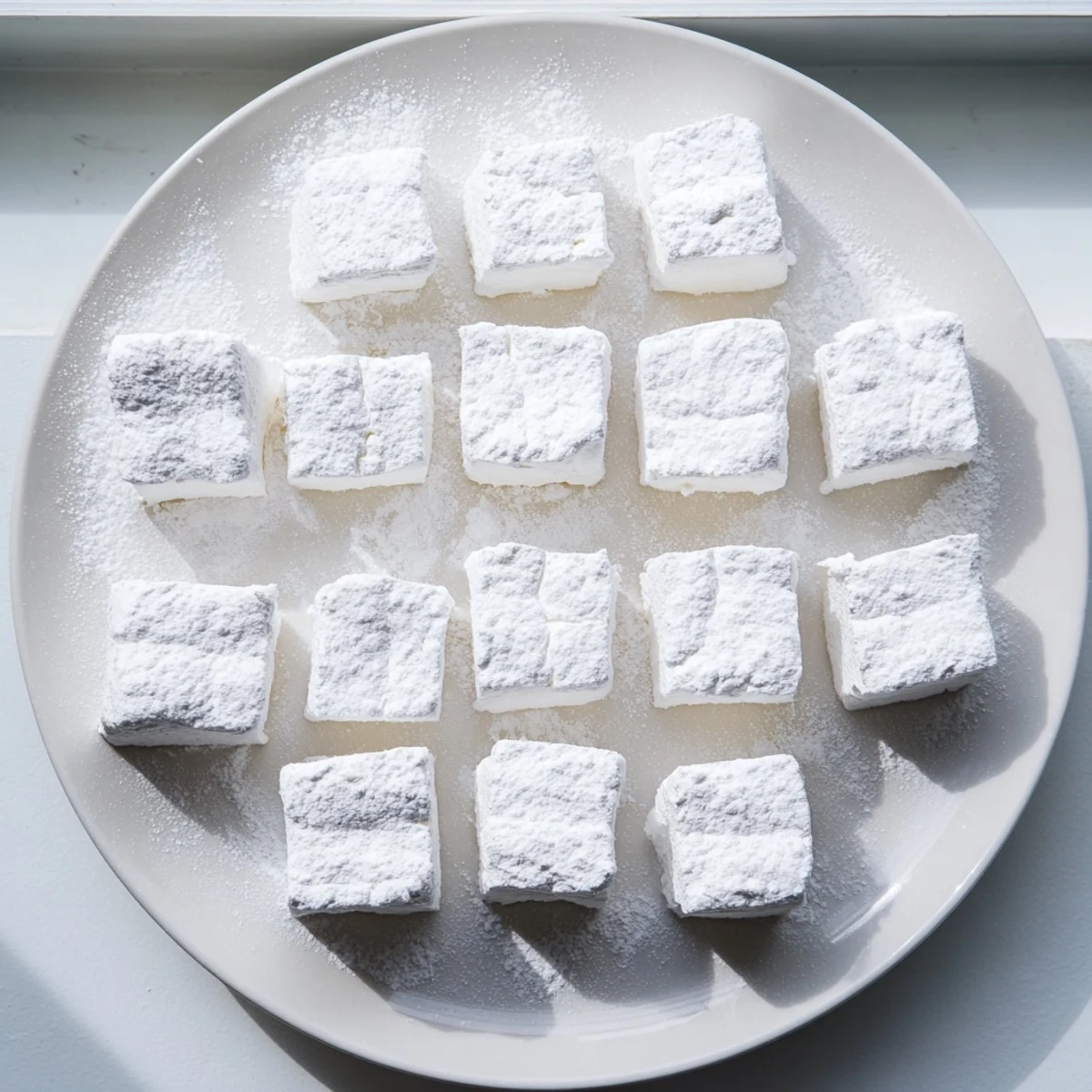 Soft fluffy homemade marshmallows dusted with powdered sugar arranged on a white plate