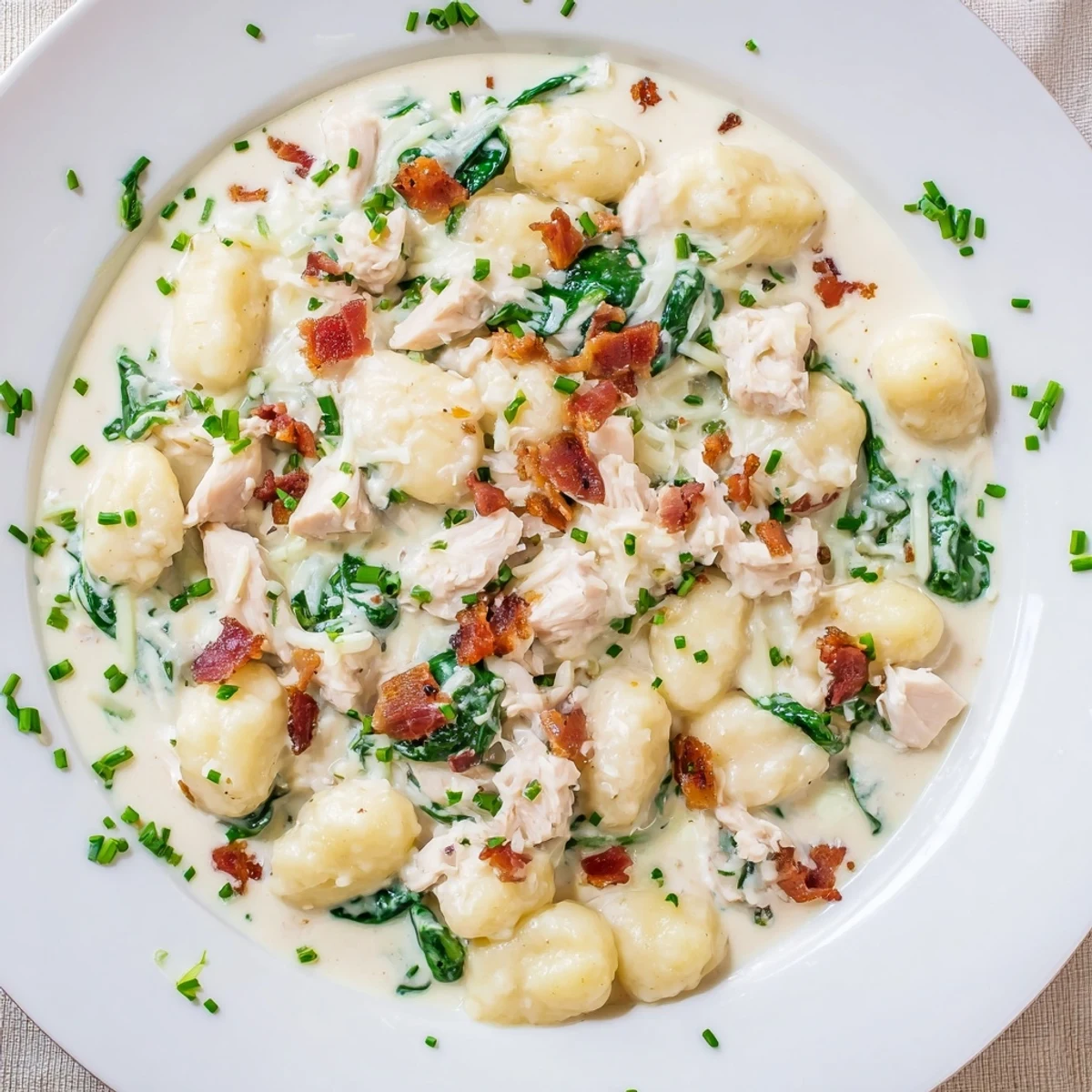 Bowl of tender potato gnocchi with chicken pieces swimming in melted cheese and cream sauce