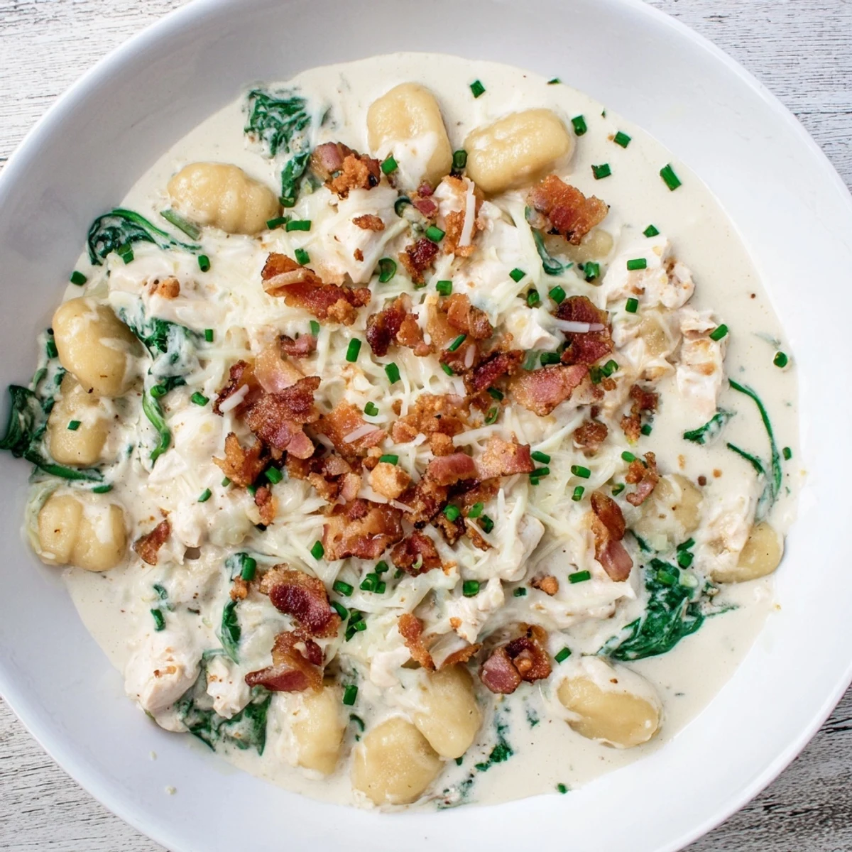 Serving of cheesy chicken gnocchi in rich white sauce with ranch seasoning and fresh chives