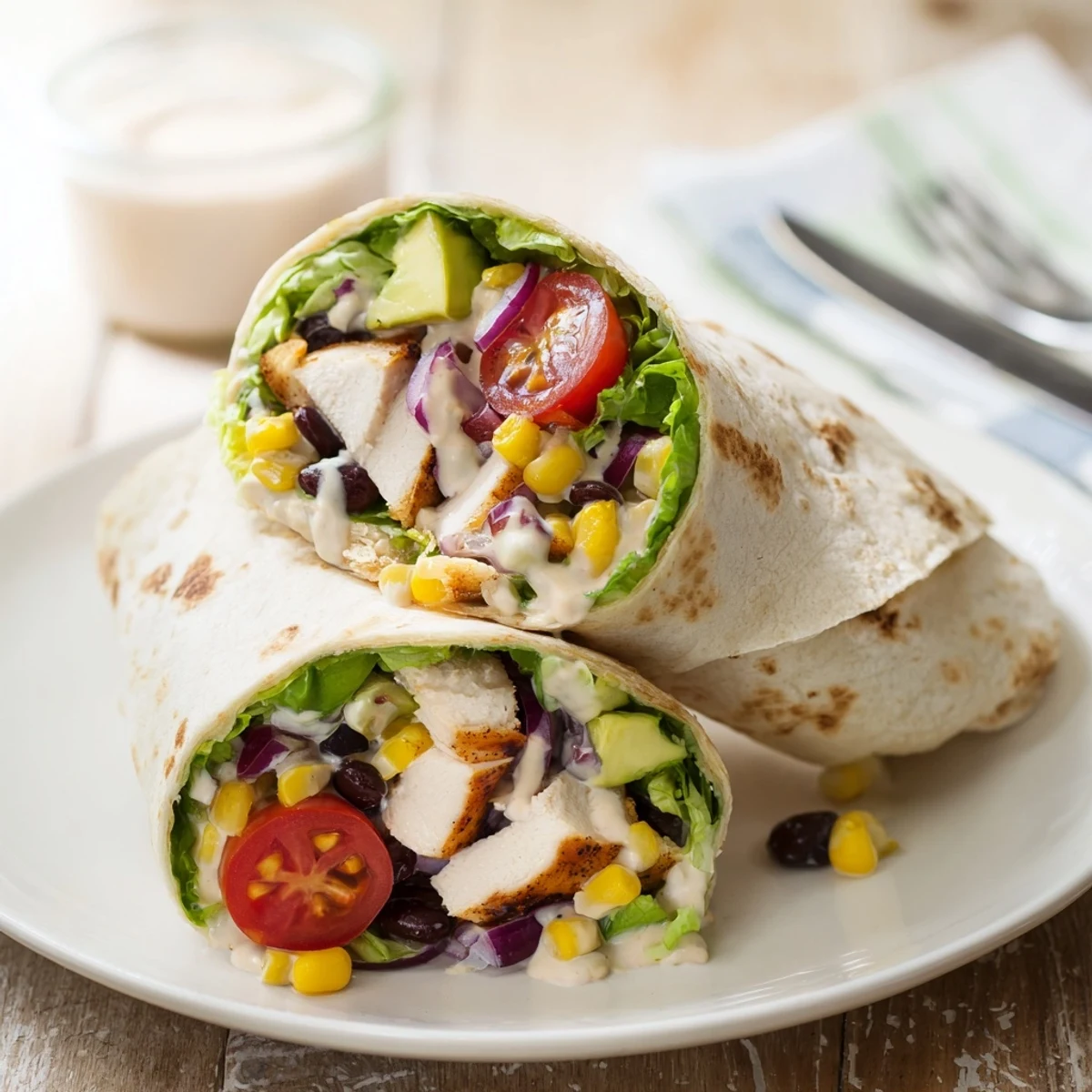 Southwest chicken wraps featuring seasoned grilled chicken, crisp lettuce, and creamy drizzle on warm tortillas
