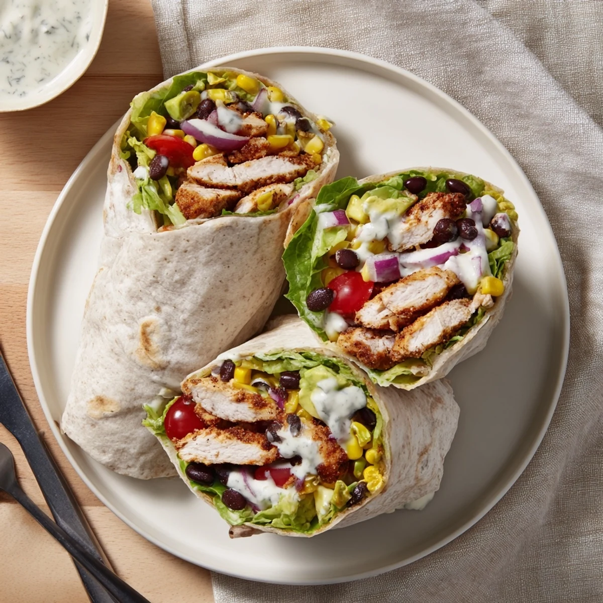 Fresh southwest chicken wraps sliced in half revealing colorful layers of beans, corn, and avocado