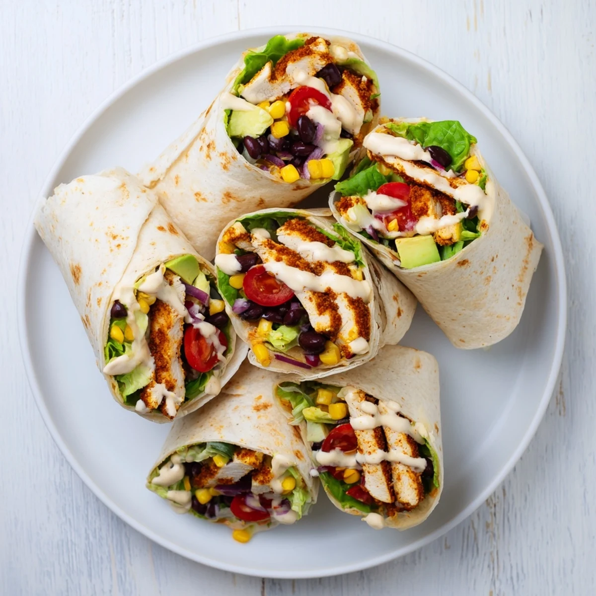 Homemade southwest chicken wraps with spicy seasoned chicken, romaine, tomatoes, and zesty lime sauce