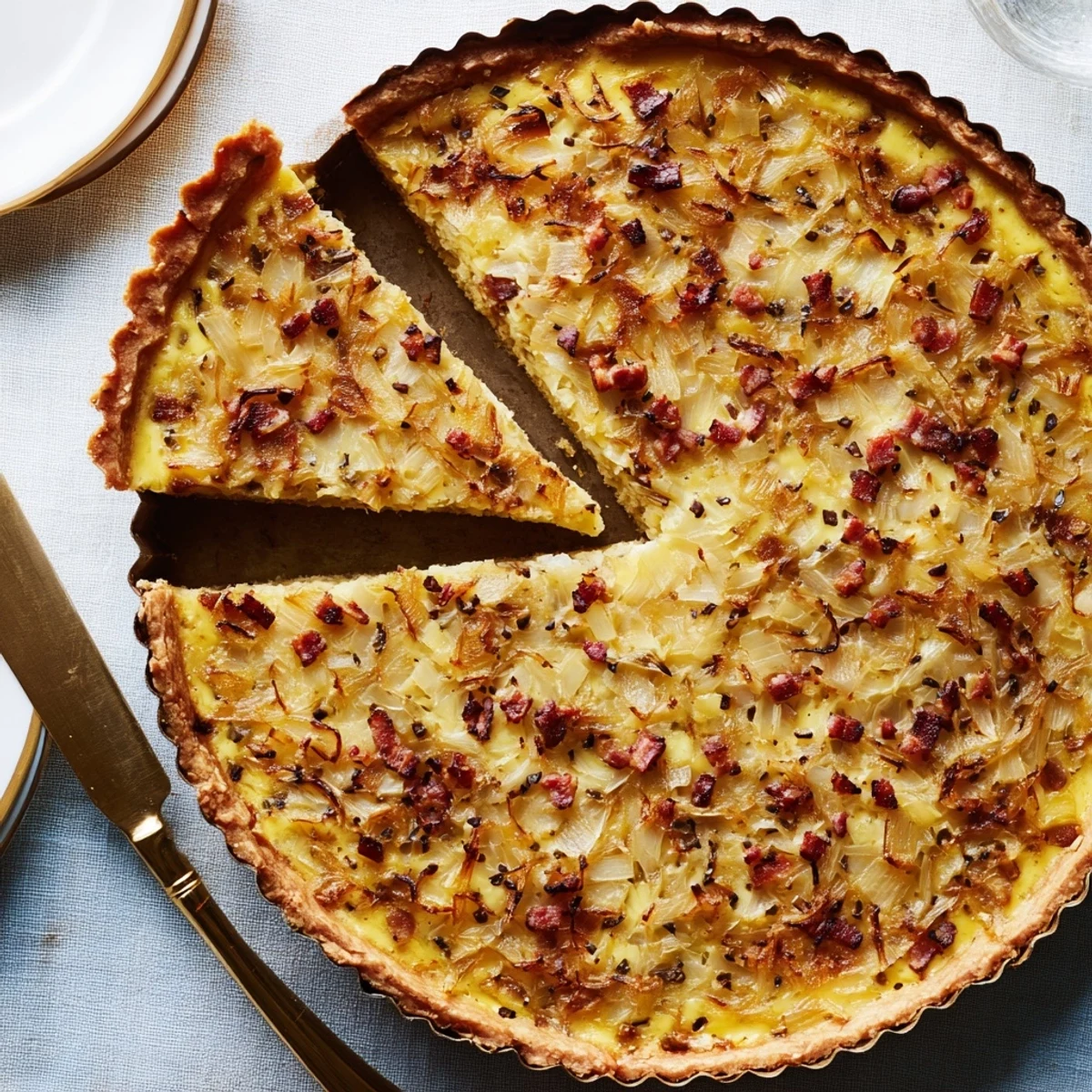 Savory German onion pie slice with creamy custard filling and golden baked onions ready for Oktoberfest