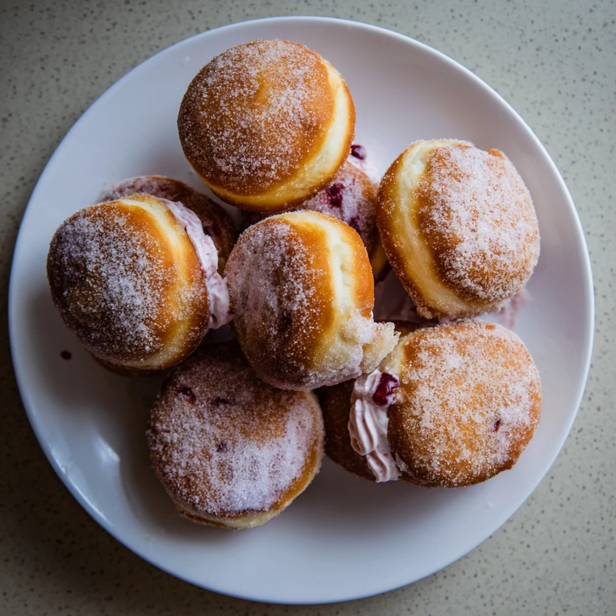 Fresh strawberry cream filled doughnuts sliced open revealing pink flecked creamy filling inside