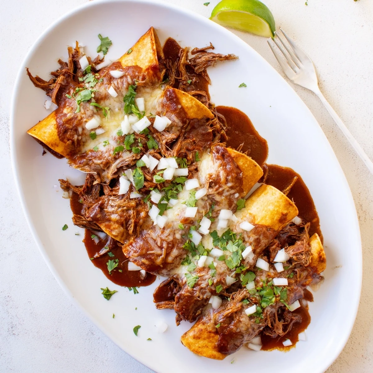 Tender beef birria enchiladas smothered in rich consommé with bubbling Oaxaca cheese