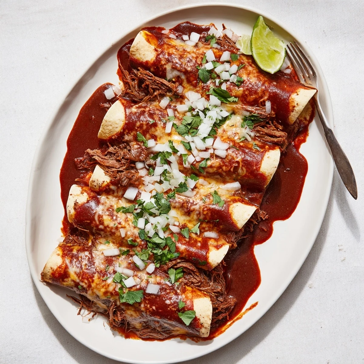 Plated birria enchiladas served with lime wedges and diced white onion topping