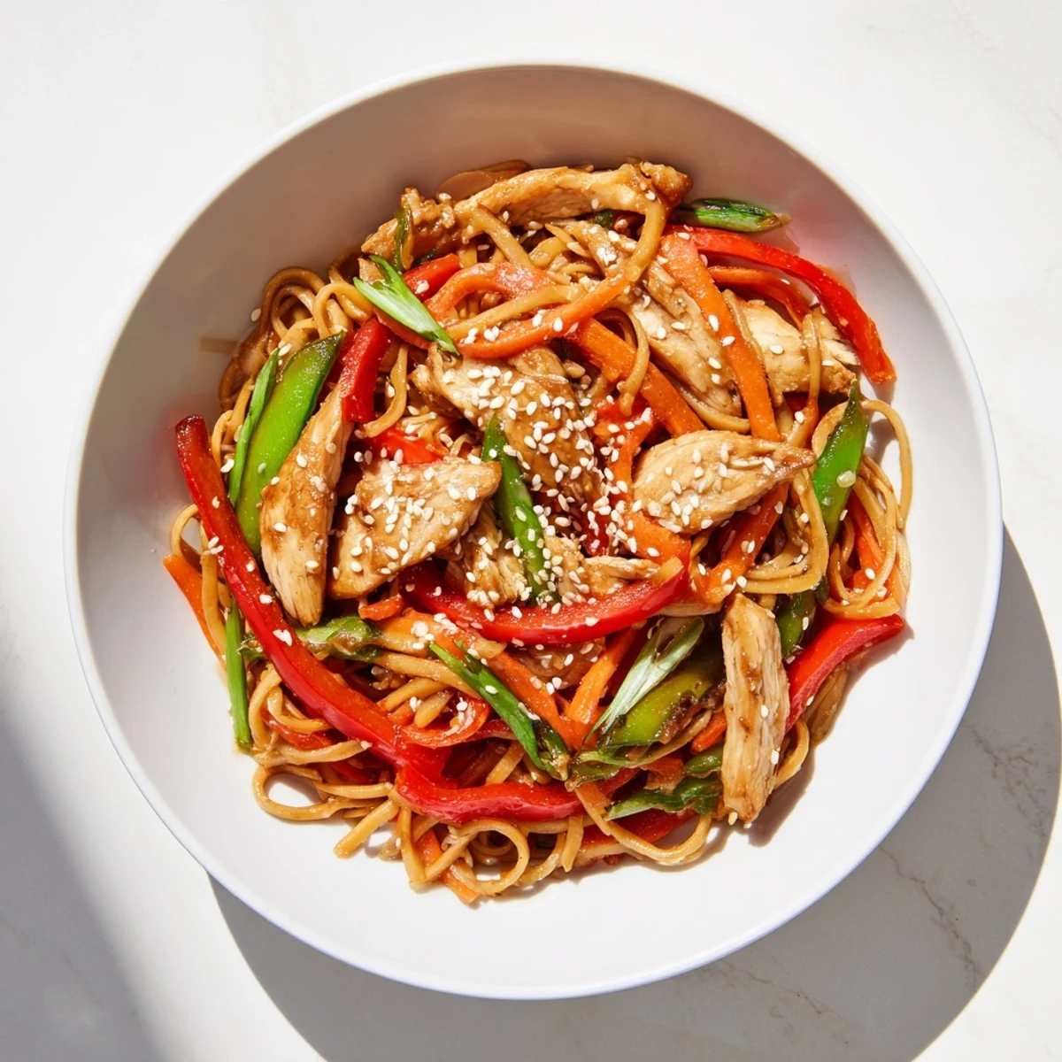 Golden chicken stir-fried with chewy egg noodles and colorful vegetables in a rich, sweet garlic sauce