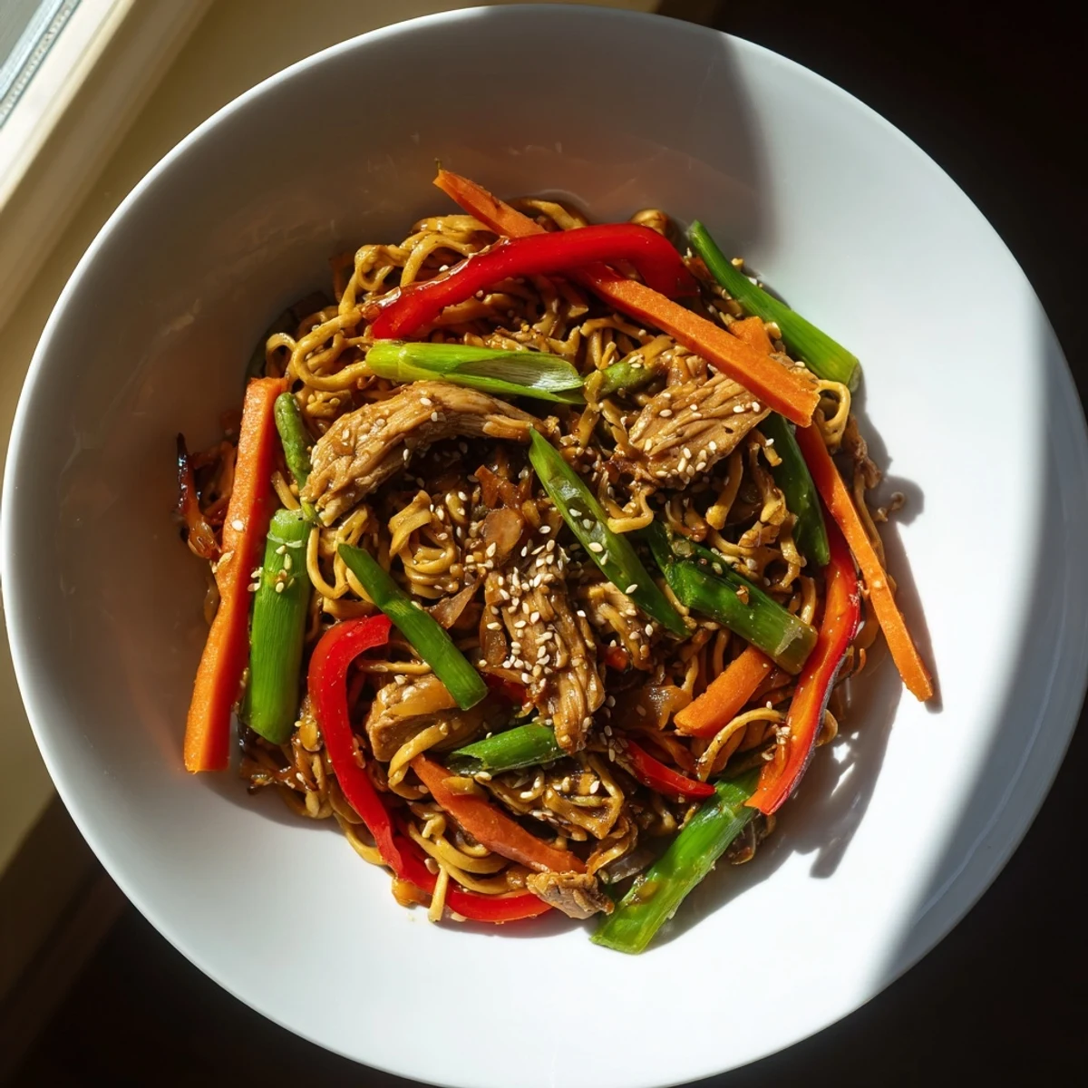 Weeknight dinner featuring tender chicken and crisp vegetables coated in glossy, savory garlic glaze over noodles