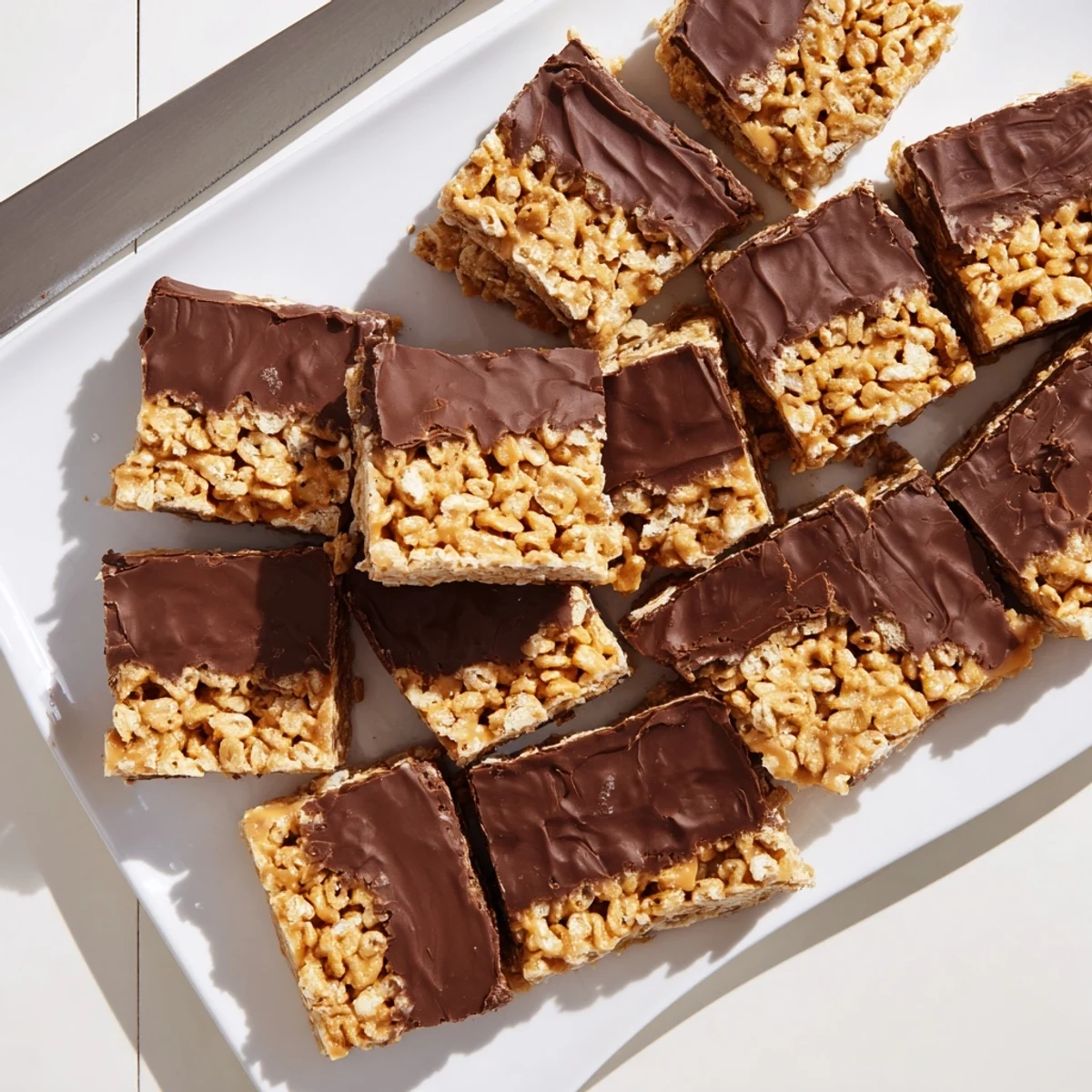 No-bake gluten-free honey Chex chocolate peanut butter bars with glossy chocolate layer drizzled on cutting board