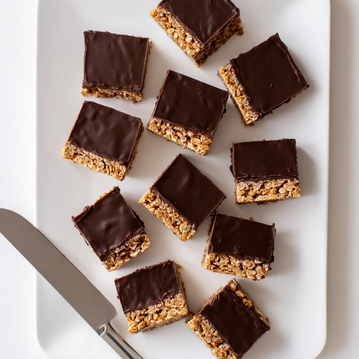 Golden gluten-free honey Chex chocolate peanut butter bars sliced into squares on a white serving plate