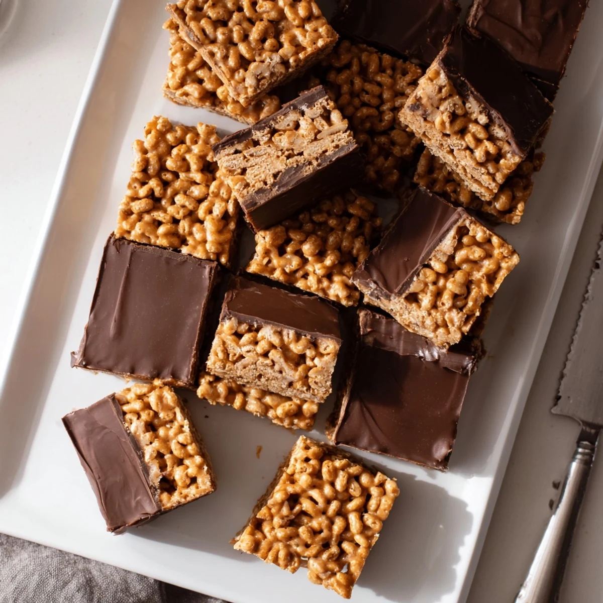 Handheld gluten-free honey Chex chocolate peanut butter bar showing crisp cereal texture beneath smooth chocolate topping