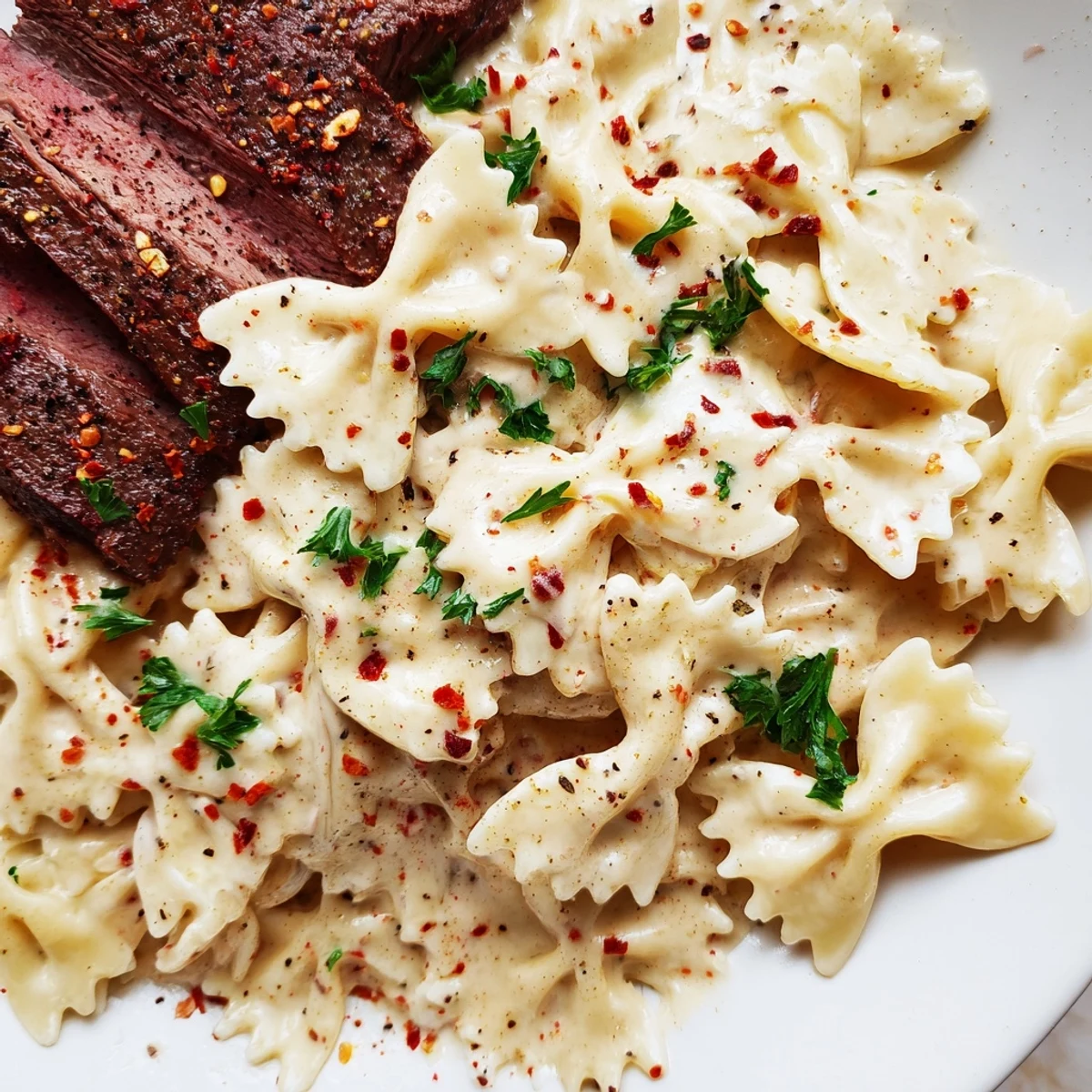 Creamy Cajun Alfredo bowtie pasta tossed with spiced beef in a rich white sauce