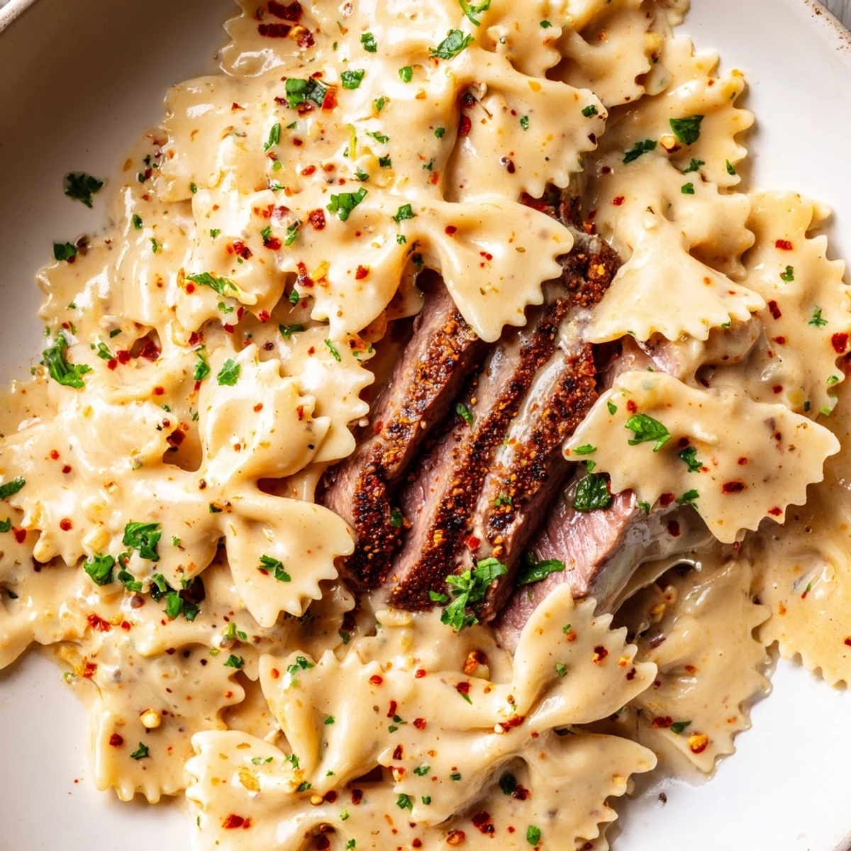 Golden bowtie pasta coated in zesty cream cheese Alfredo topped with seasoned beef strips