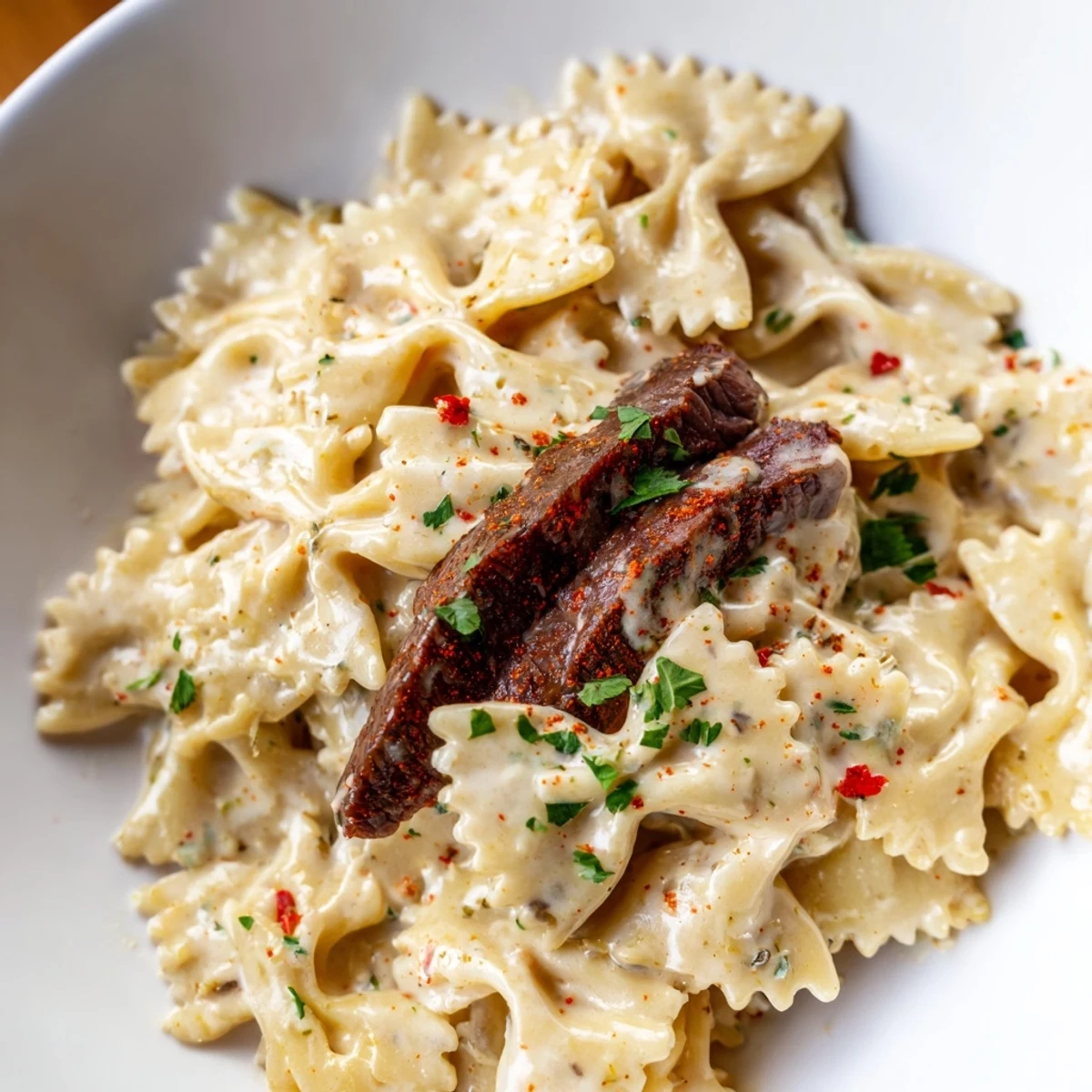 Savory spiced beef rests atop Cajun cream cheese Alfredo bowtie pasta garnished with fresh parsley