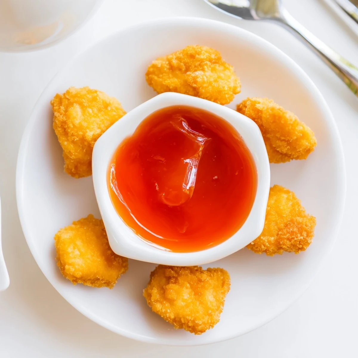 Golden McDonald's sweet and sour sauce in a white dipping bowl with fresh garnish