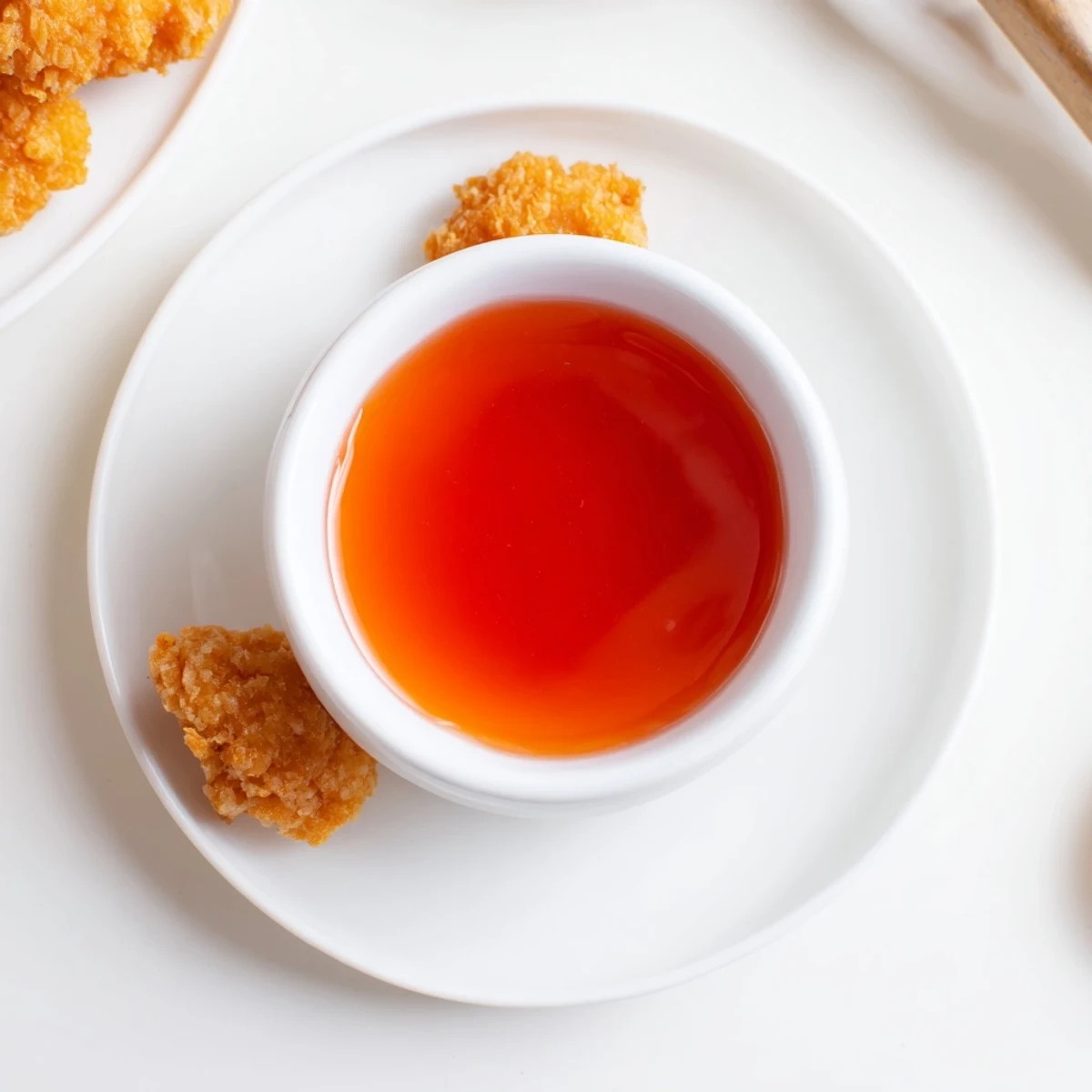 Thick glossy McDonald's sweet and sour sauce drizzled over crispy chicken nuggets on plate