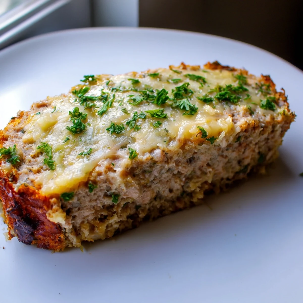 Golden-topped garlic Parmesan chicken meatloaf sliced on a wooden cutting board garnished with fresh parsley